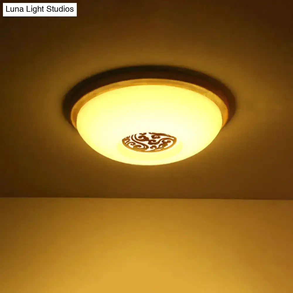 Modern Wood Bowl Ceiling Flush Mount Lighting | Led Acrylic Flushmount With Swirl Floral Carve