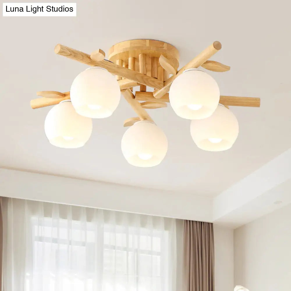 Modern Wood Branch Semi Flush Lighting - Beige Lamp With Milk White Glass Shade (3/5-Head)