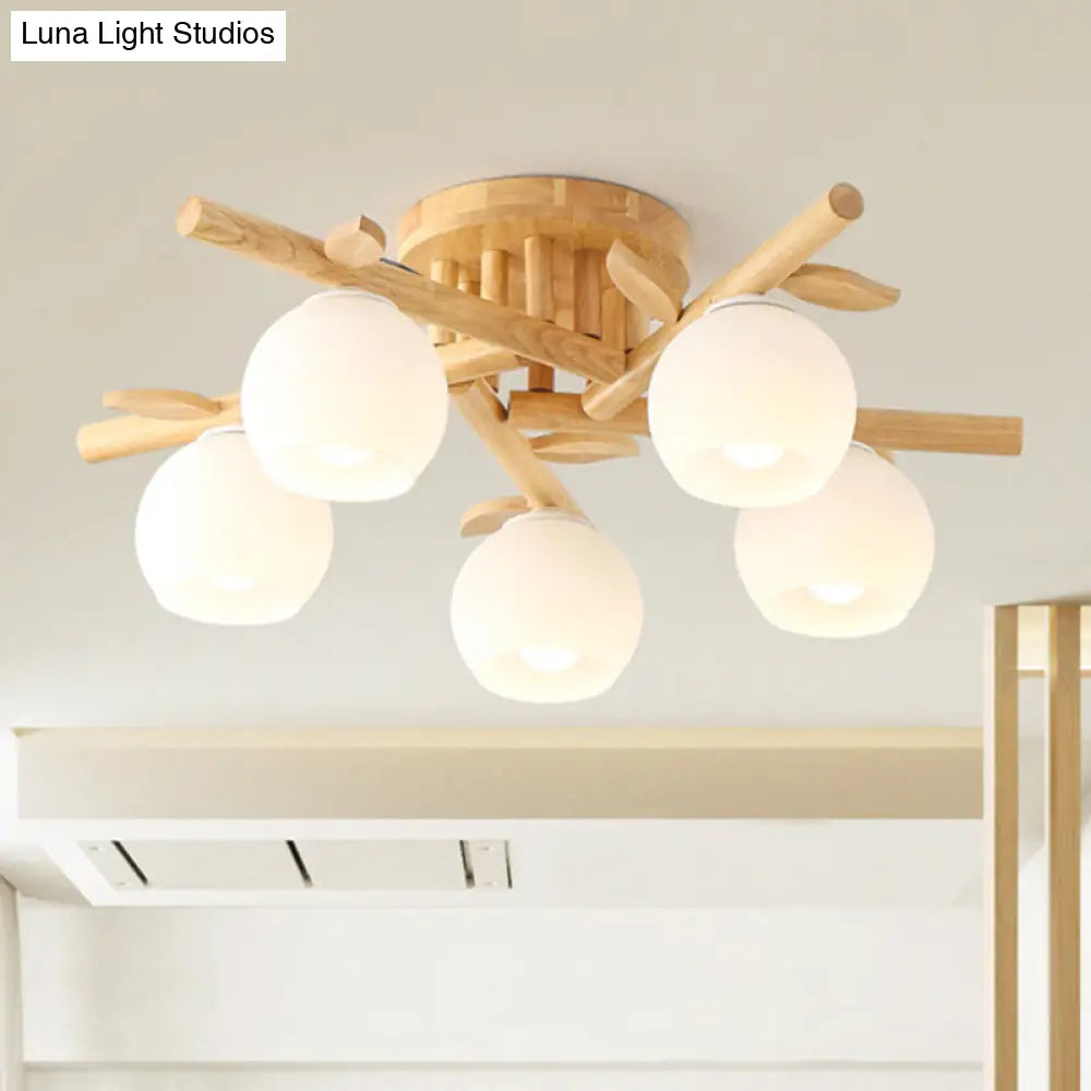 Modern Wood Branch Semi Flush Lighting - Beige Lamp With Milk White Glass Shade (3/5-Head) 5 /