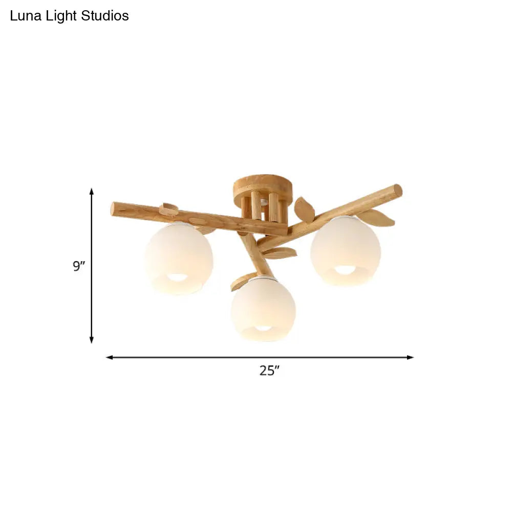 Modern Wood Branch Semi Flush Lighting - Beige Lamp With Milk White Glass Shade (3/5-Head)