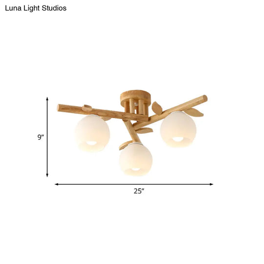 Modern Wood Branch Semi Flush Lighting - Beige Lamp With Milk White Glass Shade (3/5-Head)