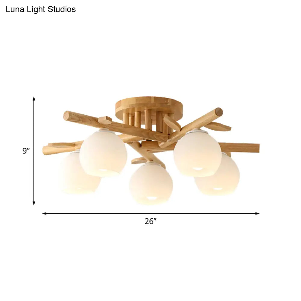Modern Wood Branch Semi Flush Lighting - Beige Lamp With Milk White Glass Shade (3/5-Head)