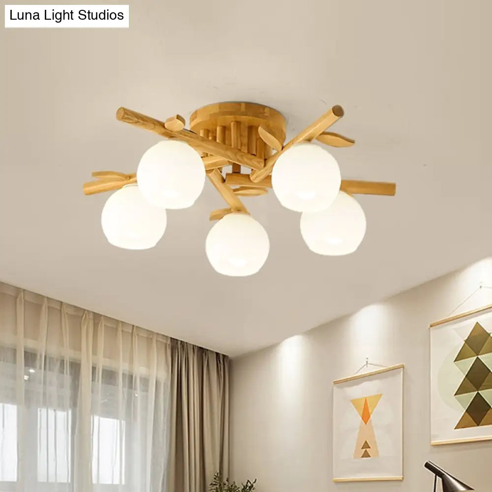 Modern Wood Branch Semi Flush Lighting - Beige Lamp With Milk White Glass Shade (3/5-Head)