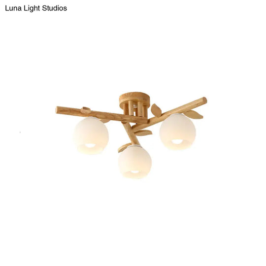 Modern Wood Branch Semi Flush Lighting - Beige Lamp With Milk White Glass Shade (3/5-Head)