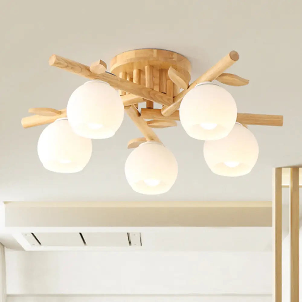 Modern Wood Branch Semi Flush Lighting - Beige Lamp With Milk White Glass Shade (3/5-Head) 5 /