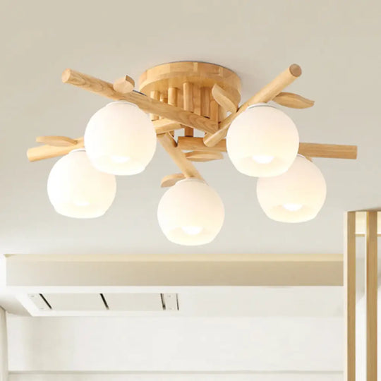 Modern Wood Branch Semi Flush Lighting - Beige Lamp With Milk White Glass Shade (3/5-Head) 5 /