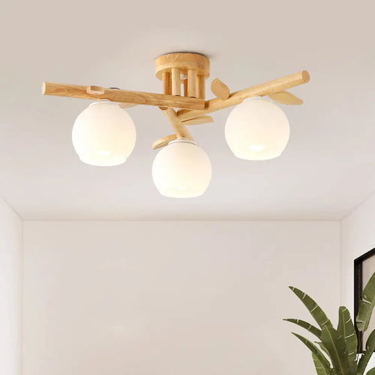 Modern Wood Branch Semi Flush Lighting - Beige Lamp With Milk White Glass Shade (3/5-Head) 3 /