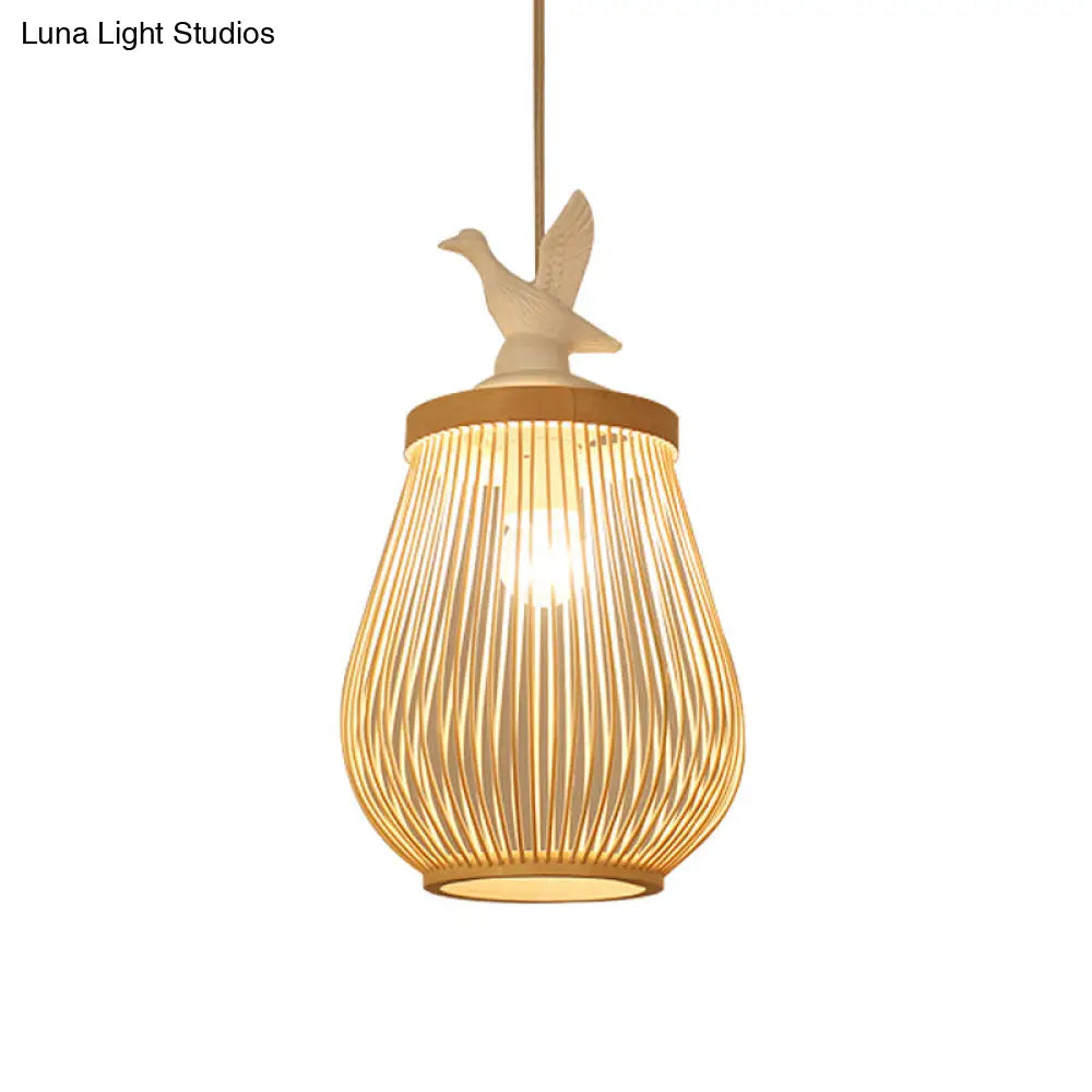 Modern Wood Cage Hanging Lamp With Bamboo Ceiling Pendant Light And White Bird Accent