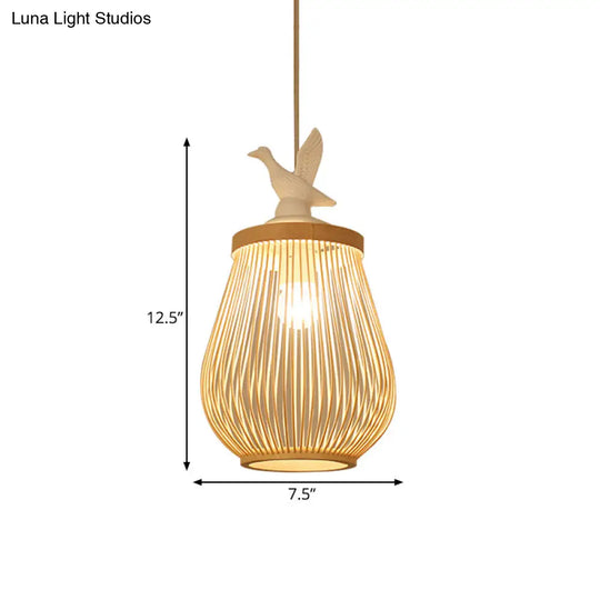 Modern Wood Cage Hanging Lamp With Bamboo Ceiling Pendant Light And White Bird Accent