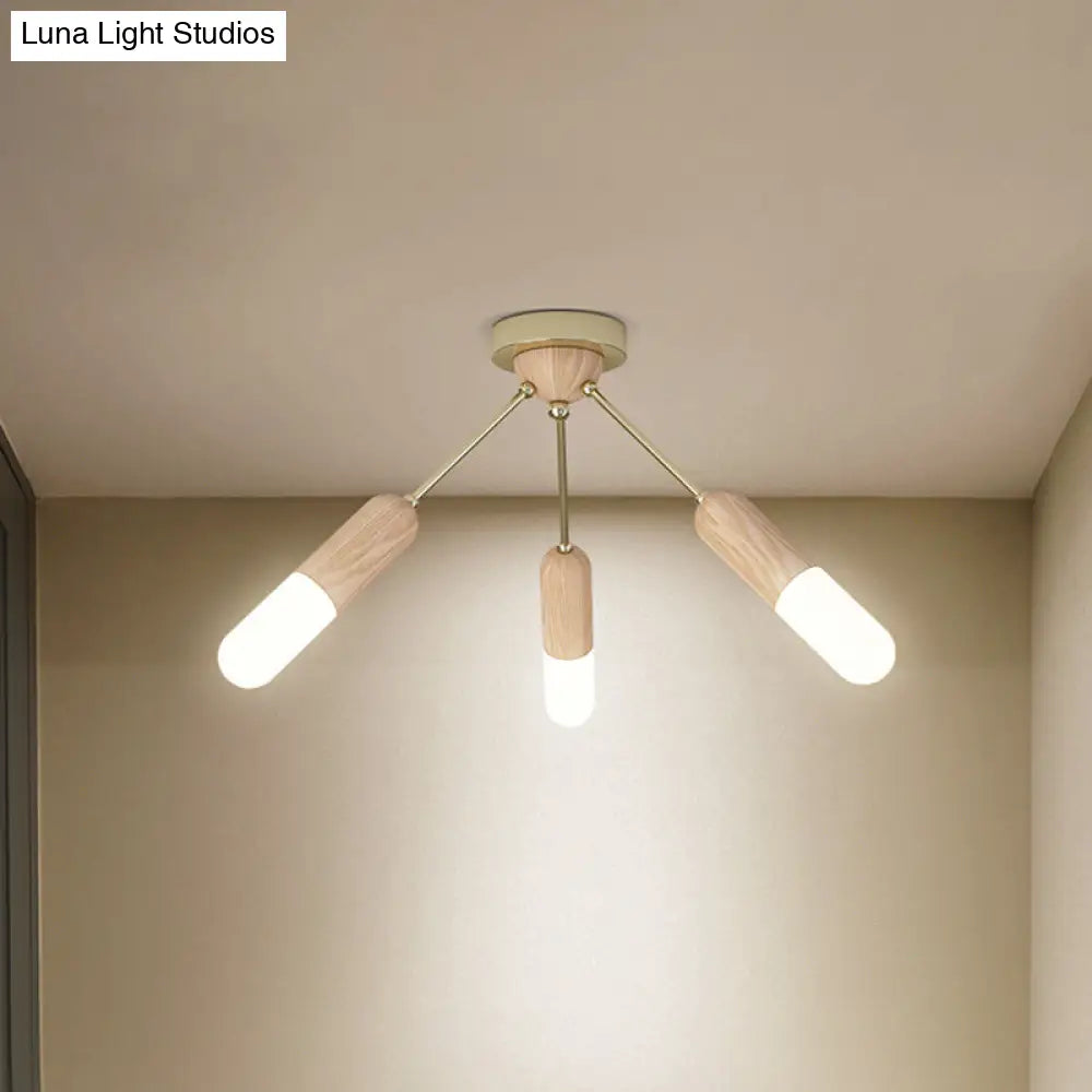 Modern Wood Capsule Semi Mount Ceiling Lamp For Bedroom - Beige 3/5-Light 3 /