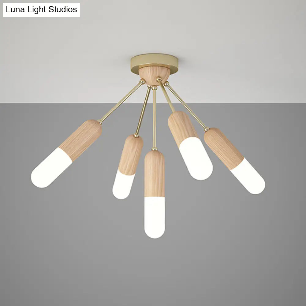 Modern Wood Capsule Semi Mount Ceiling Lamp For Bedroom - Beige 3/5-Light 5 /
