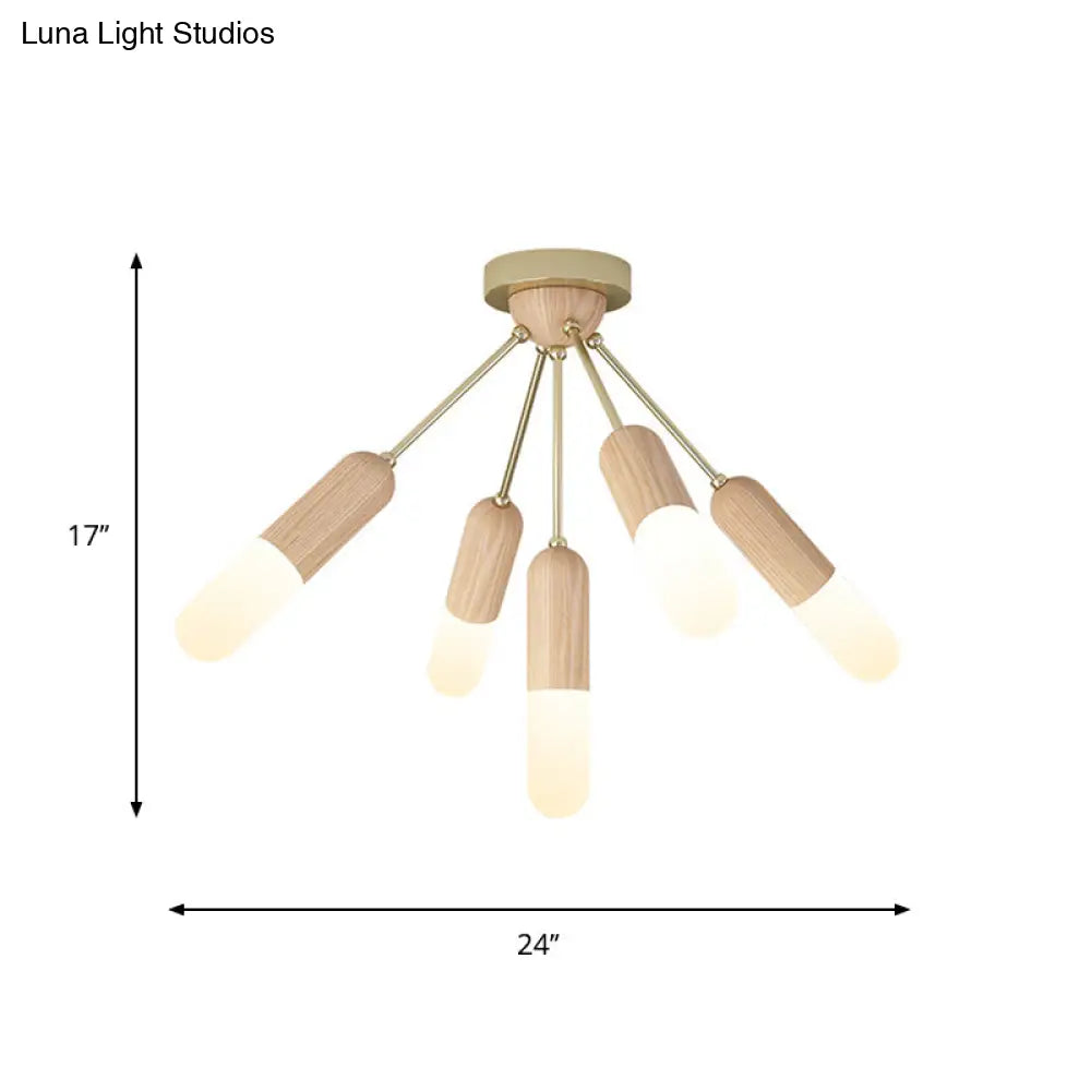 Modern Wood Capsule Semi Mount Ceiling Lamp For Bedroom - Beige 3/5 - Light