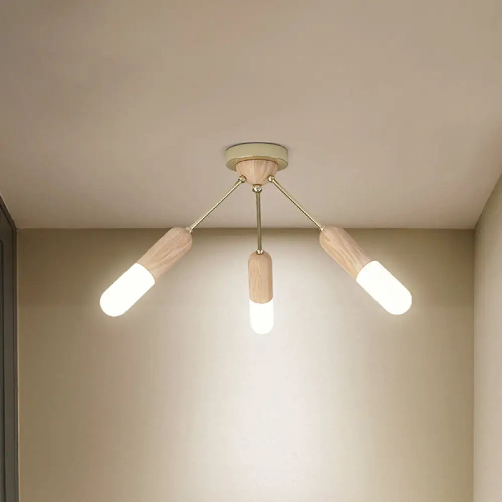 Modern Wood Capsule Semi Mount Ceiling Lamp For Bedroom - Beige 3/5 - Light 3 /