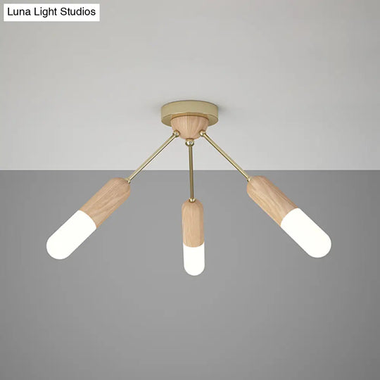 Modern Wood Capsule Semi Mount Ceiling Lamp For Bedroom - Beige 3/5-Light