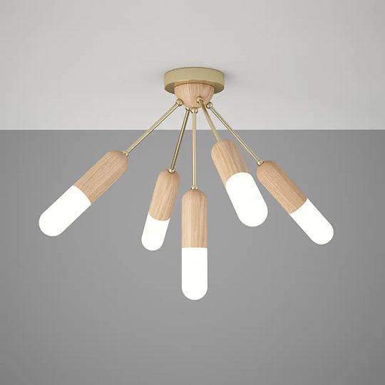 Modern Wood Capsule Semi Mount Ceiling Lamp For Bedroom - Beige 3/5 - Light 5 /