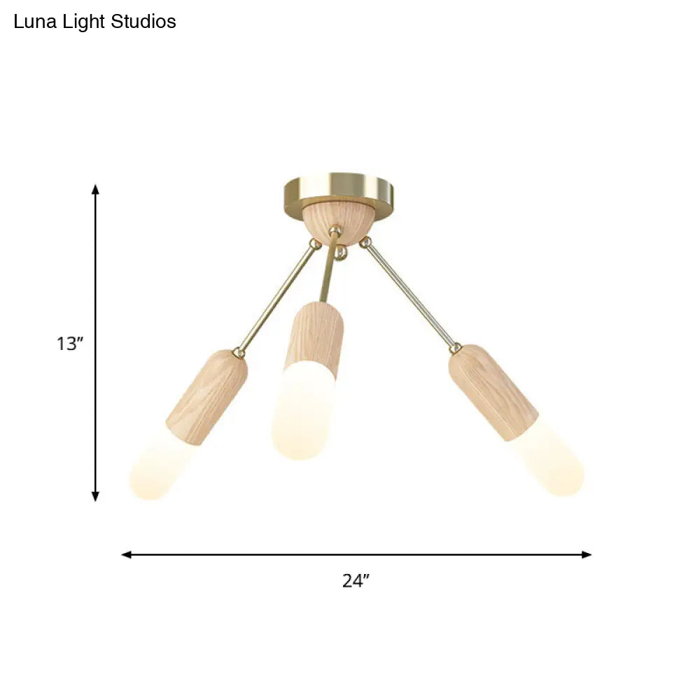 Modern Wood Capsule Semi Mount Ceiling Lamp For Bedroom - Beige 3/5-Light