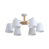 Modern Wood Ceiling Pendant With Tapered Fabric Shade - Available 3/6 Heads For Living Room
