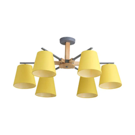 Modern Wood Ceiling Pendant With Tapered Fabric Shade - Available 3/6 Heads For Living Room