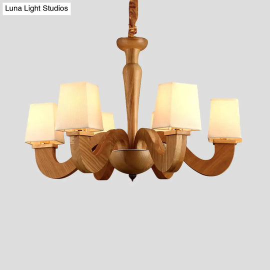 Modern Wood Curved Arm Chandelier With Trapezoid Fabric Shade - 6-Head Ceiling Lamp
