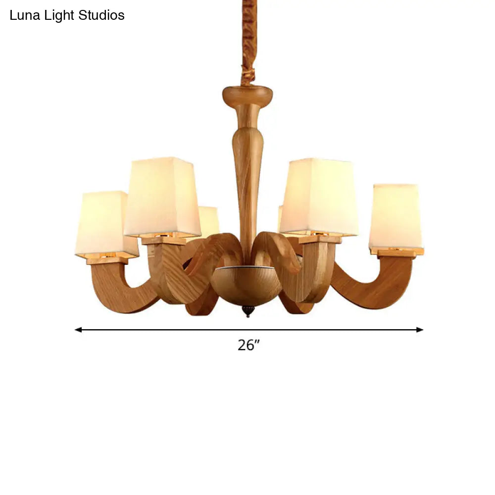 Modern Wood Curved Arm Chandelier With Trapezoid Fabric Shade - 6-Head Ceiling Lamp