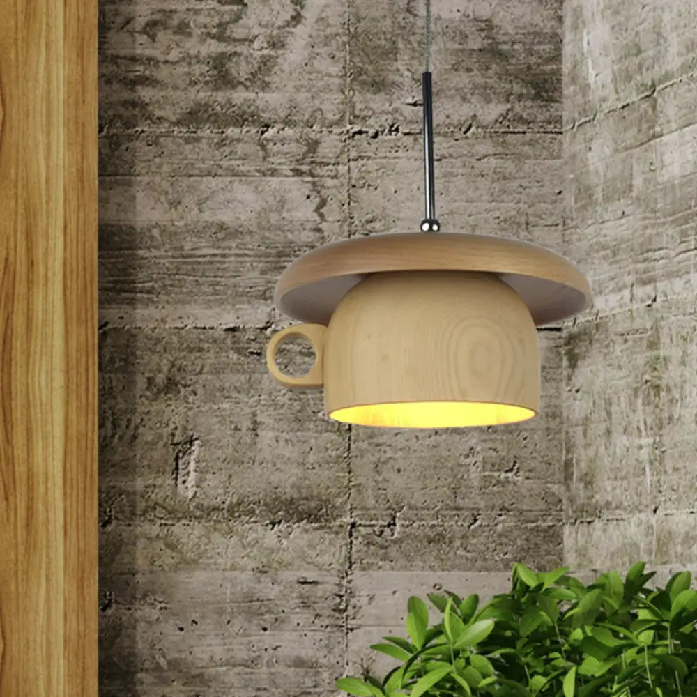 Modern Wood Coffee-Cup Pendant Light With Led Bulb - Beige Ceiling Hang Fixture