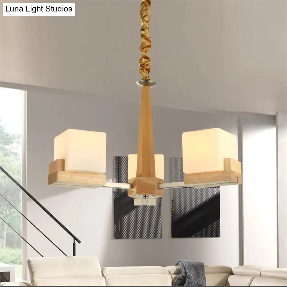 Modern Wood Cube Chandelier With Multiple Bulbs For Bedroom