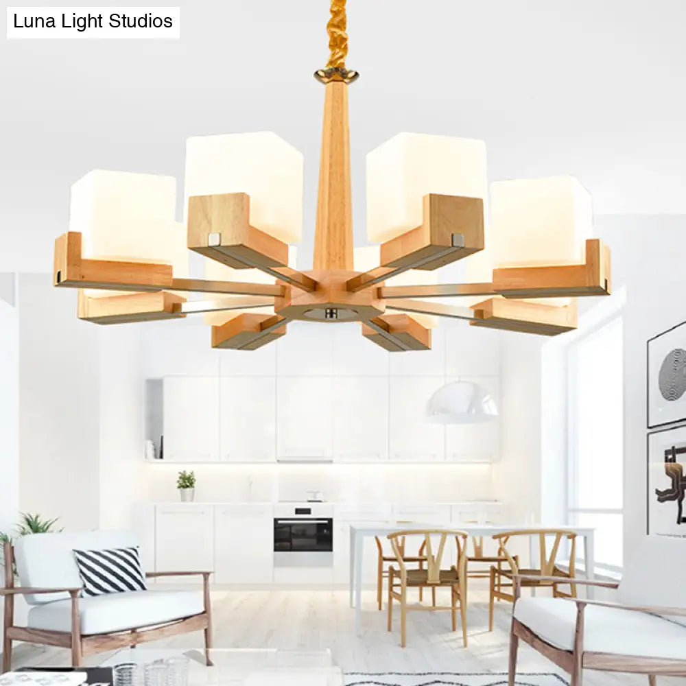 Modern Wood Cube Chandelier With Multiple Bulbs For Bedroom