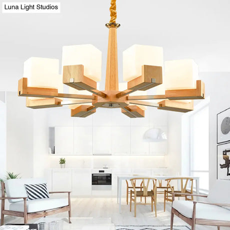 Modern Wood Cube Chandelier With Multiple Bulbs For Bedroom
