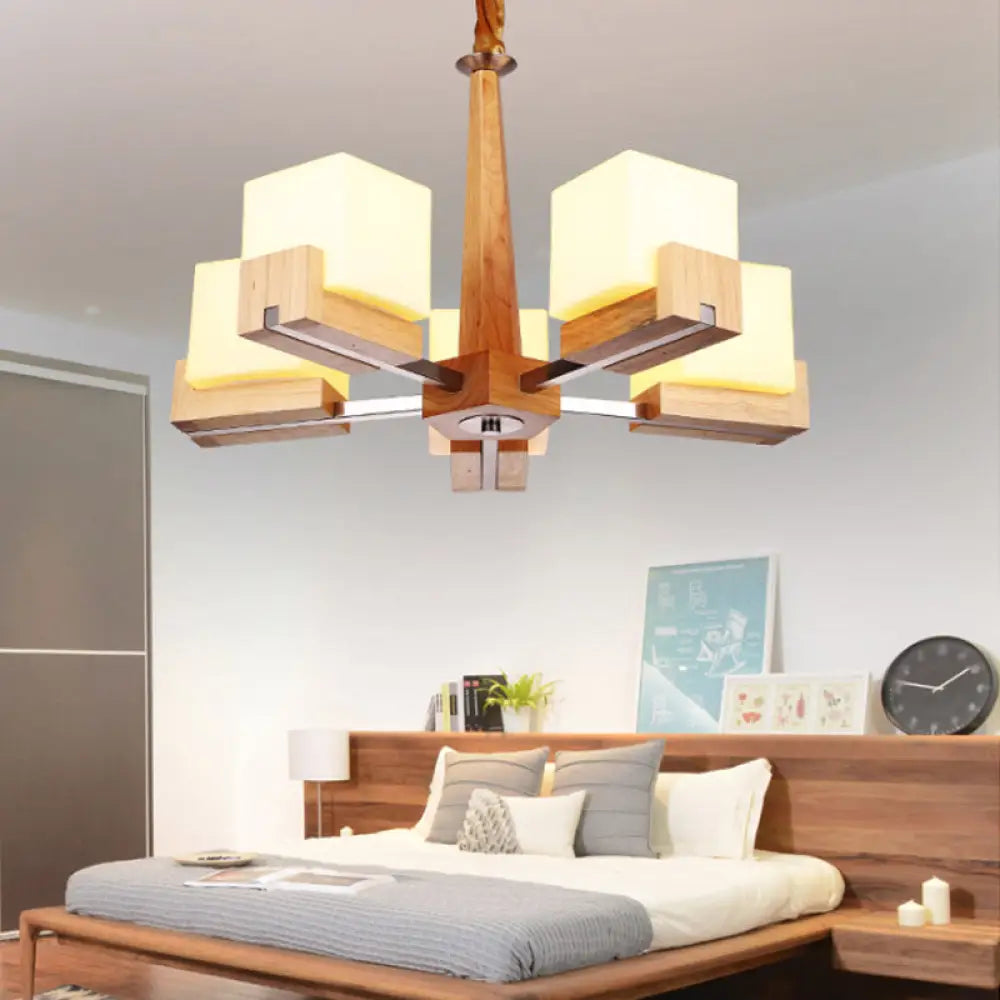 Modern Wood Cube Chandelier With Multiple Bulbs For Bedroom 5 /