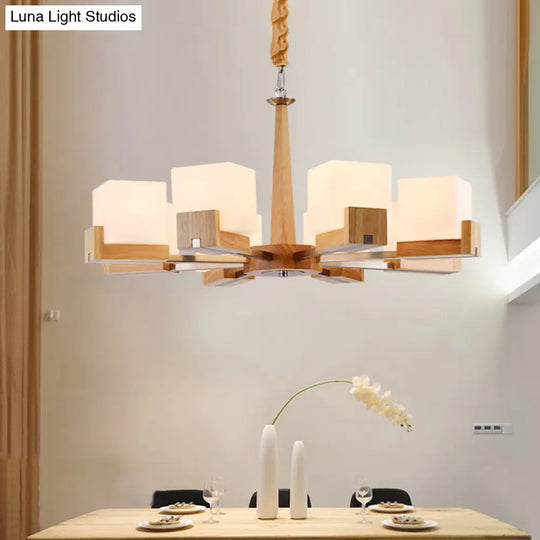 Modern Wood Cube Chandelier With Multiple Bulbs For Bedroom