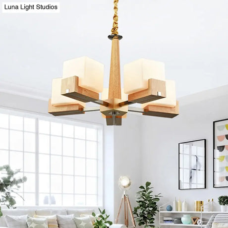 Modern Wood Cube Chandelier With Multiple Bulbs For Bedroom