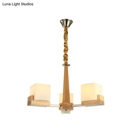 Modern Wood Cube Chandelier With Multiple Bulbs For Bedroom