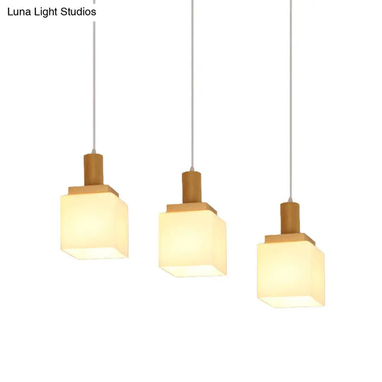 Modern Wood Cube Hanging Light With Opal Glass Shades - 2/3 Heads Pendant Lamp Fixture