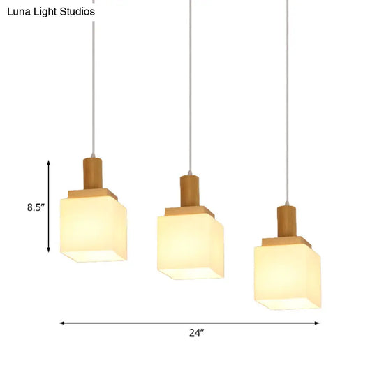 Modern Wood Cube Hanging Pendant Light With Opal Glass - 2/3 Heads Linear Canopy