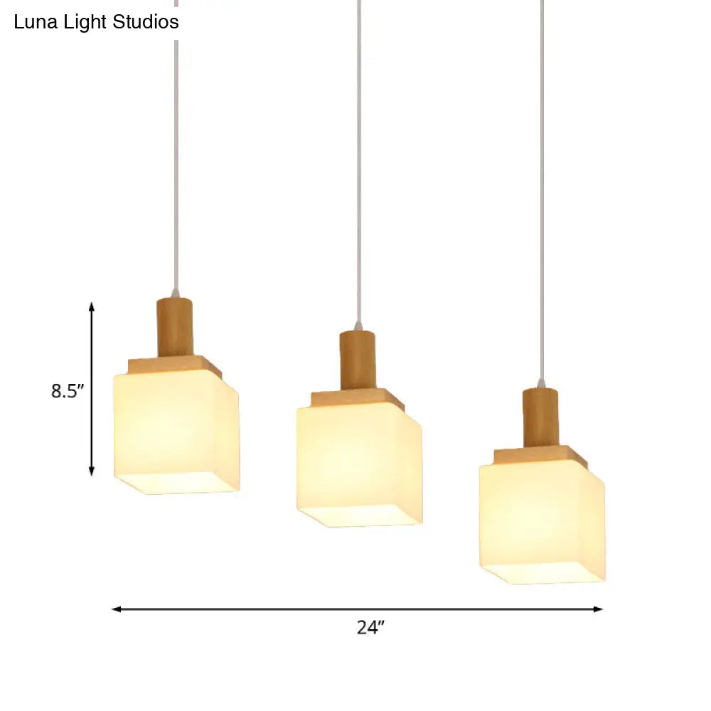 Modern Wood Cube Hanging Light With Opal Glass Shades - 2/3 Heads Pendant Lamp Fixture