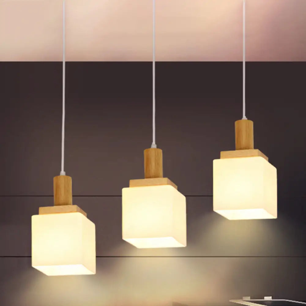 Modern Wood Cube Hanging Pendant Light With Opal Glass - 2/3 Heads Linear Canopy 3 /