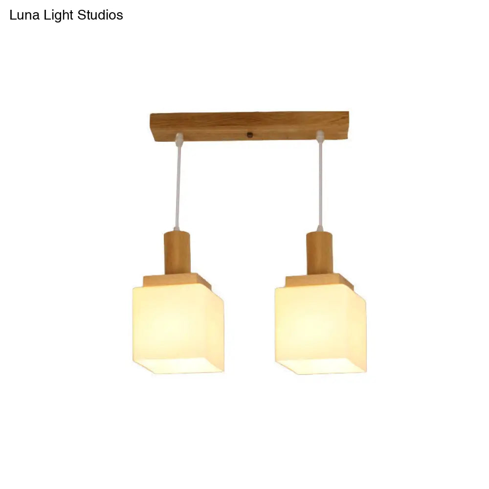 Modern Wood Cube Hanging Light With Opal Glass Shades - 2/3 Heads Pendant Lamp Fixture