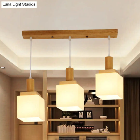 Modern Wood Cube Hanging Pendant Light With Opal Glass - 2/3 Heads Linear Canopy