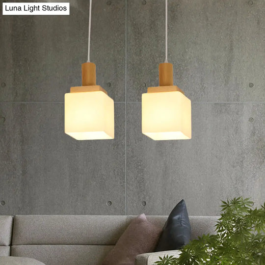 Modern Wood Cube Hanging Pendant Light With Opal Glass - 2/3 Heads Linear Canopy