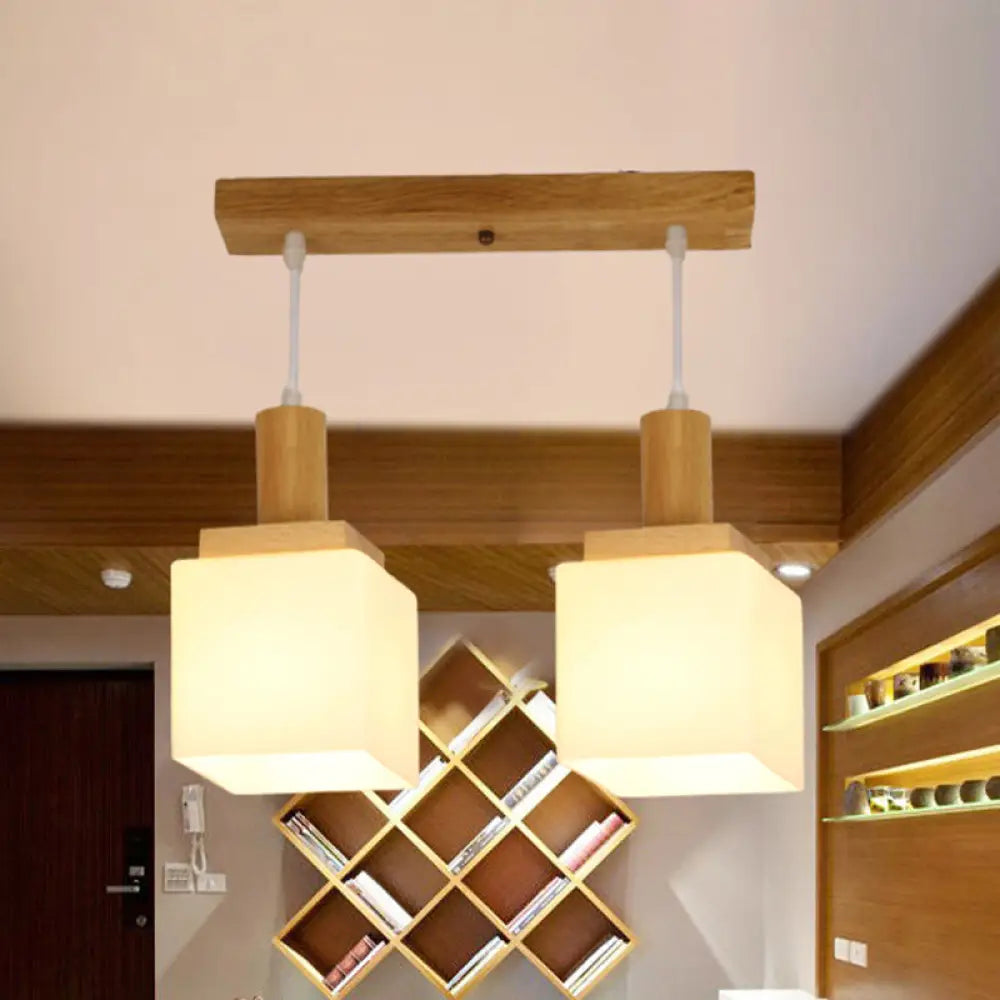 Modern Wood Cube Hanging Pendant Light With Opal Glass - 2/3 Heads Linear Canopy 2 /