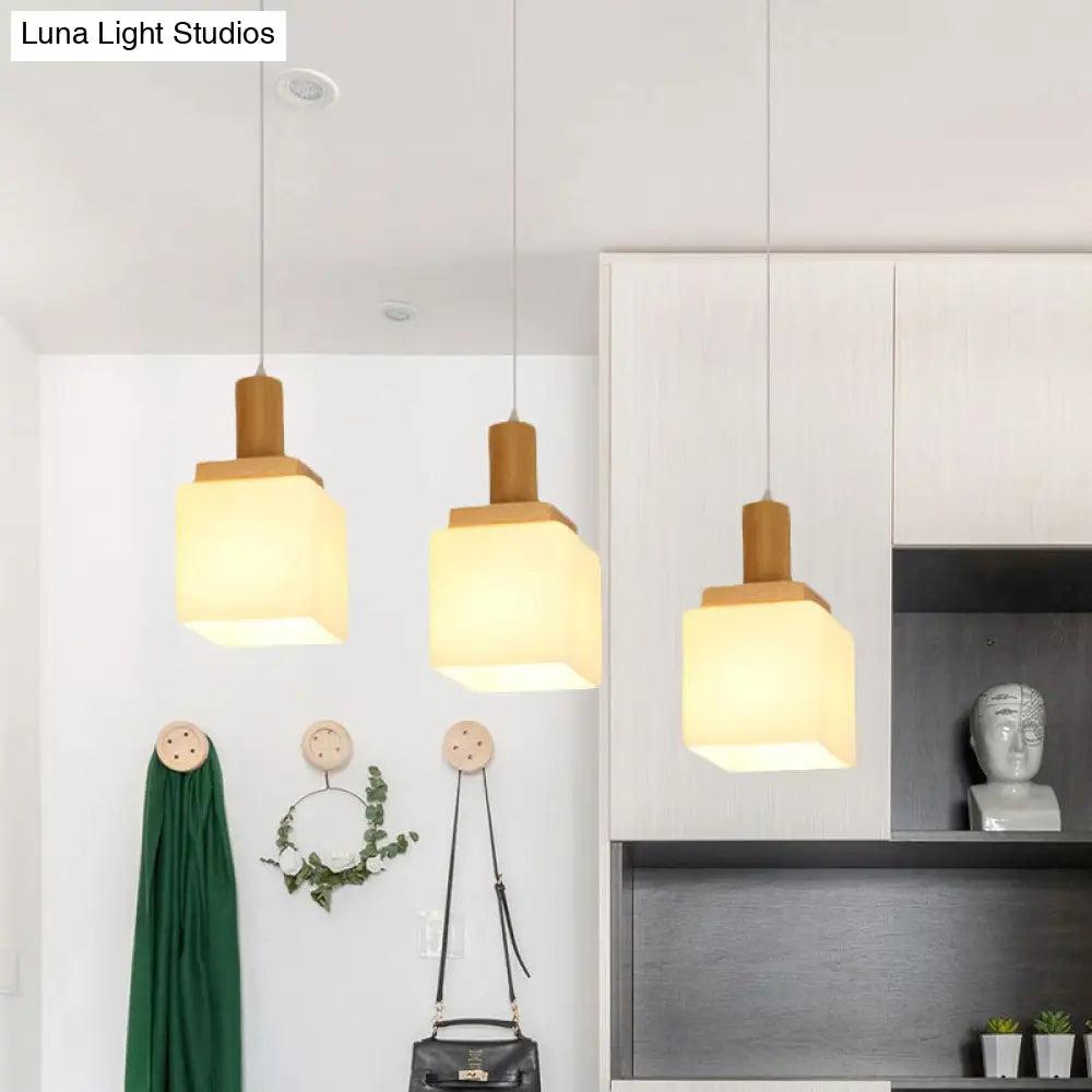 Modern Wood Cube Hanging Light With Opal Glass Shades - 2/3 Heads Pendant Lamp Fixture