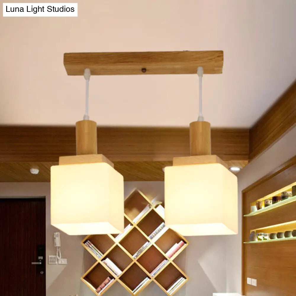 Modern Wood Cube Hanging Light With Opal Glass Shades - 2/3 Heads Pendant Lamp Fixture 2 /