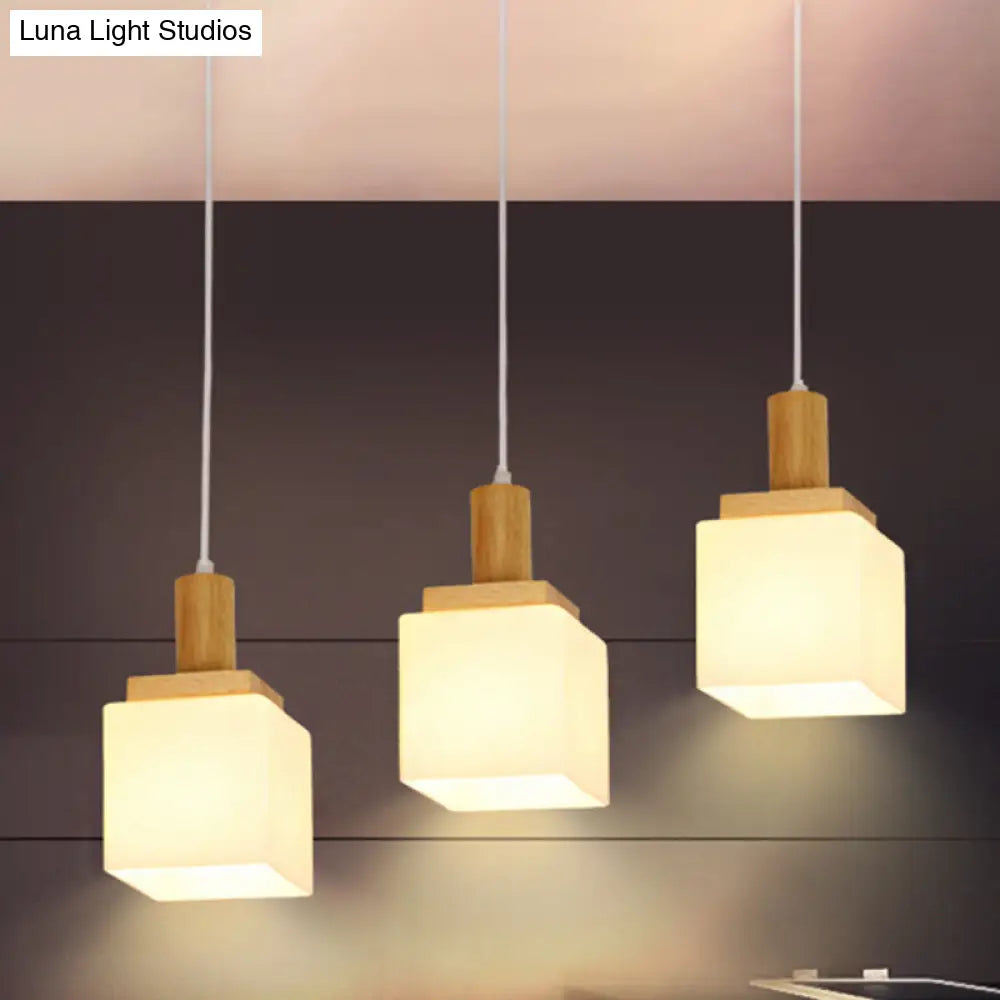 Modern Wood Cube Hanging Light With Opal Glass Shades - 2/3 Heads Pendant Lamp Fixture 3 /