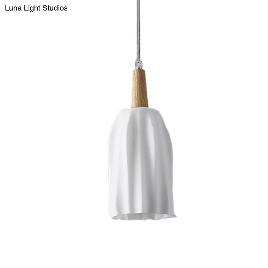 Modern Wood Cup Ceiling Light With Milk White Prismatic Glass Pendant