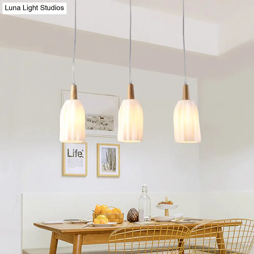 Modern Wood Cup Ceiling Light With Milk White Prismatic Glass Pendant