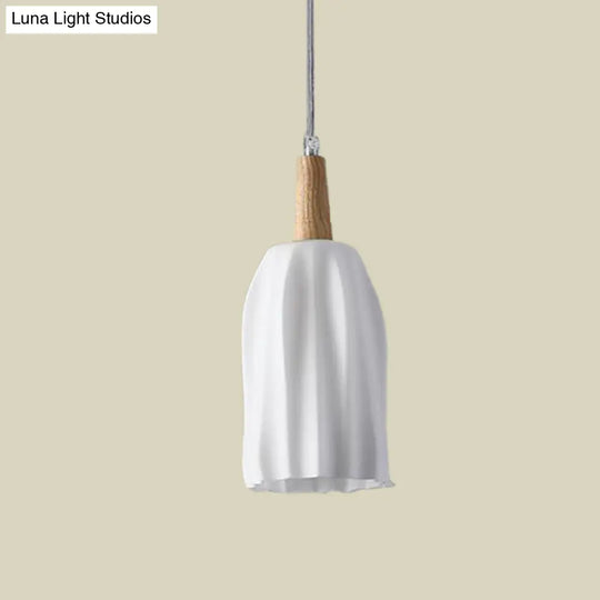 Modern Wood Cup Ceiling Light With Milk White Prismatic Glass Pendant