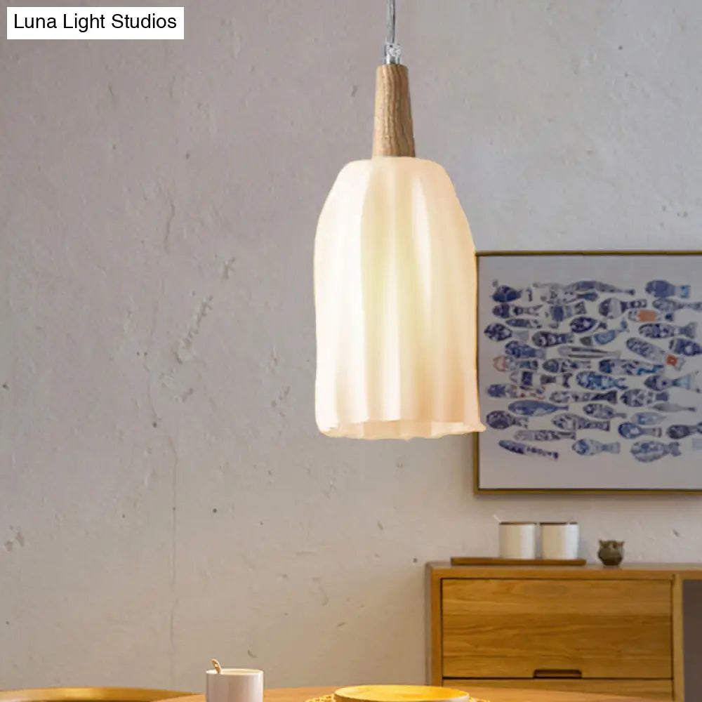 Modern Wood Cup Ceiling Light With Milk White Prismatic Glass Pendant