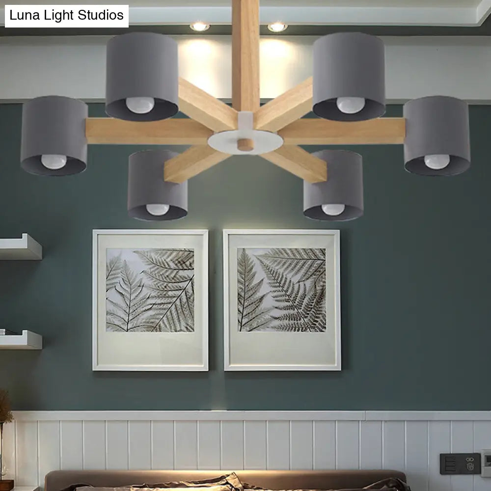 Modern Wood Cylindrical Kids Bedroom Pendant Light With Shade - Ceiling Chandelier