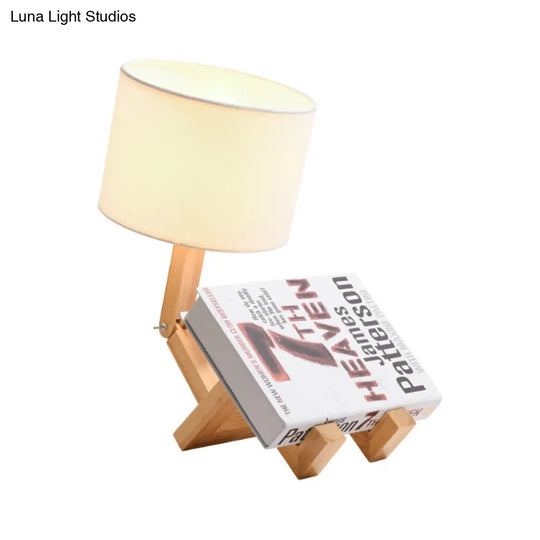 Modern Wood Desk Lamp With Robot Design And Adjustable Cylinder Shade In White For Bedside Or Use