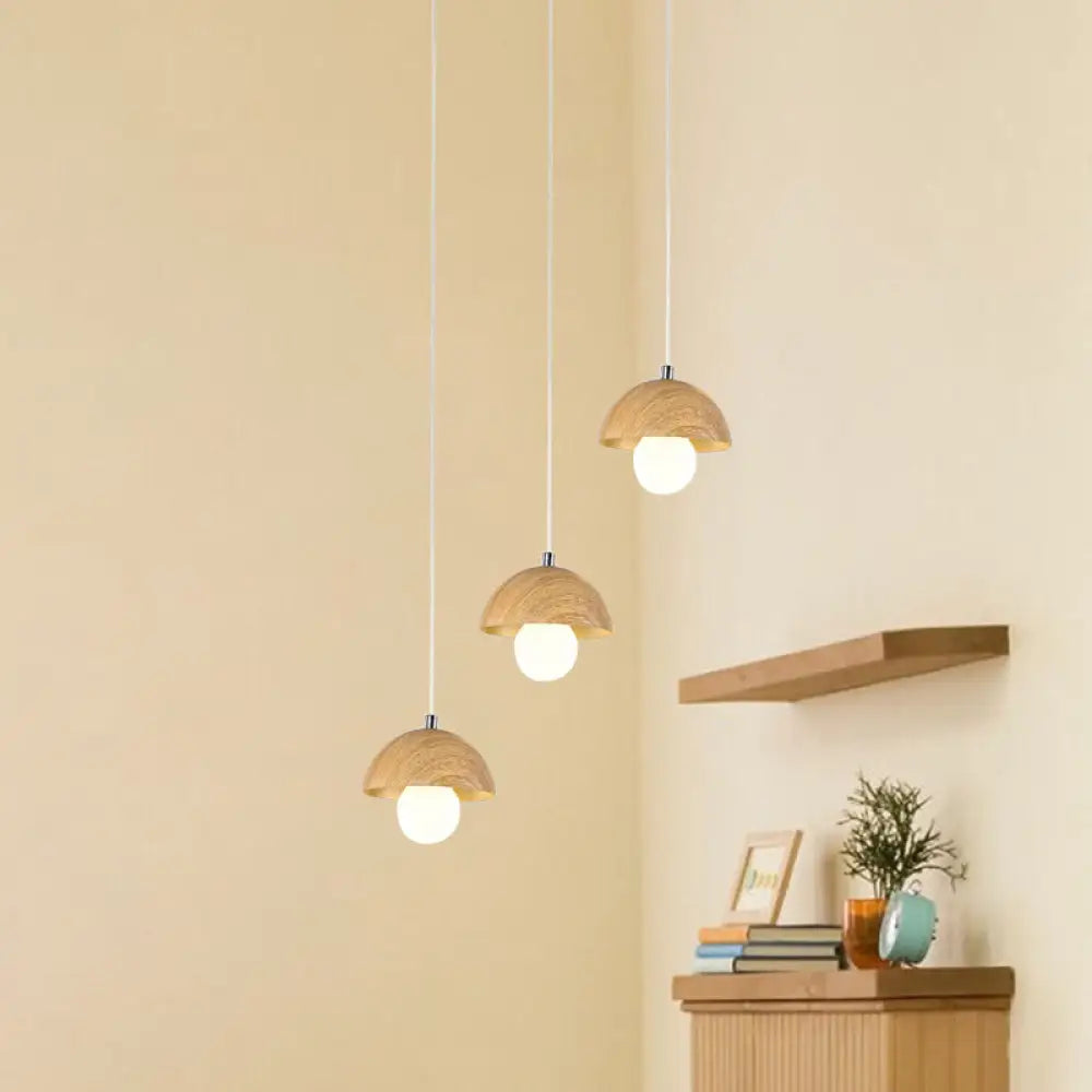 Modern Wood Dome Pendant Chandelier With 3 Beige Bulbs - Stylish Hanging Ceiling Lamp